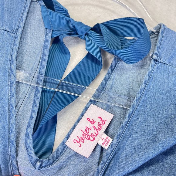 HESTER & ORCHARD Womens L Blue Chambray Lace Ruffle Sleeve Ribbon Tie Back Top - Picture 8 of 10
